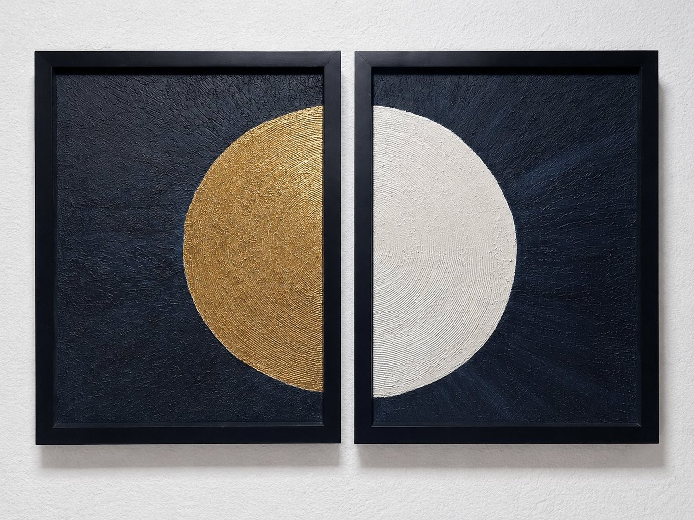 Two Halves, One Soul, diptych in black frames with gold leaf and white texture on night blue, by Erica Baurecht
