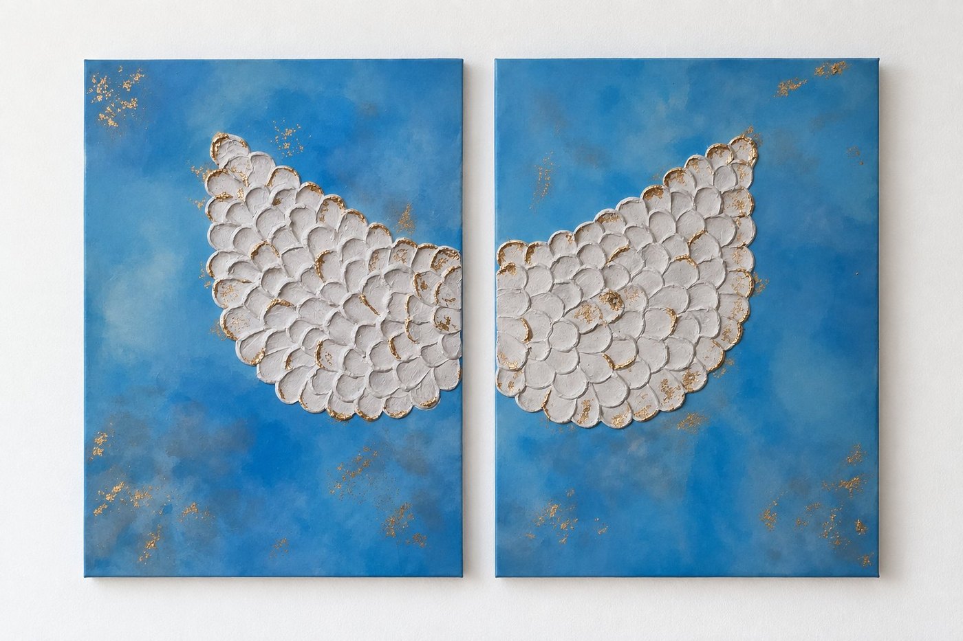 Lifted, diptych with white textured wings and gold leaf on blue by Erica Baurecht