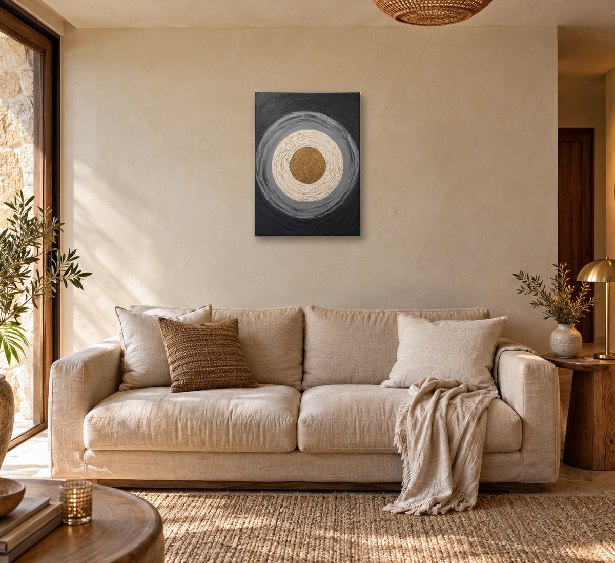 Inner Core by Erica Baurecht above a linen sofa in a warm, sunlit lounge with a stone wall and palm view