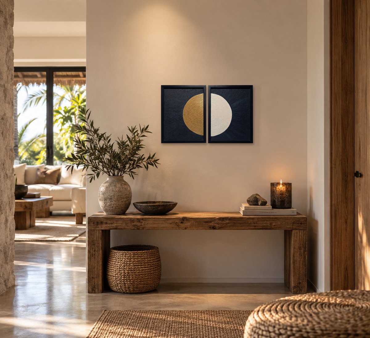 Two Halves, One Soul by Erica Baurecht in a warm, sunlit entrance hall with a wooden console