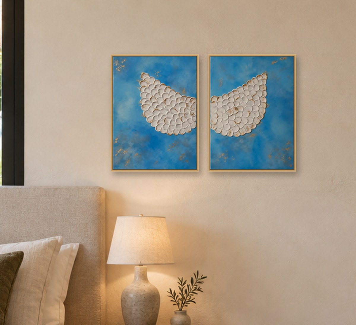Lifted by Erica Baurecht, two framed textured panels above a wooden nightstand in a calm bedroom