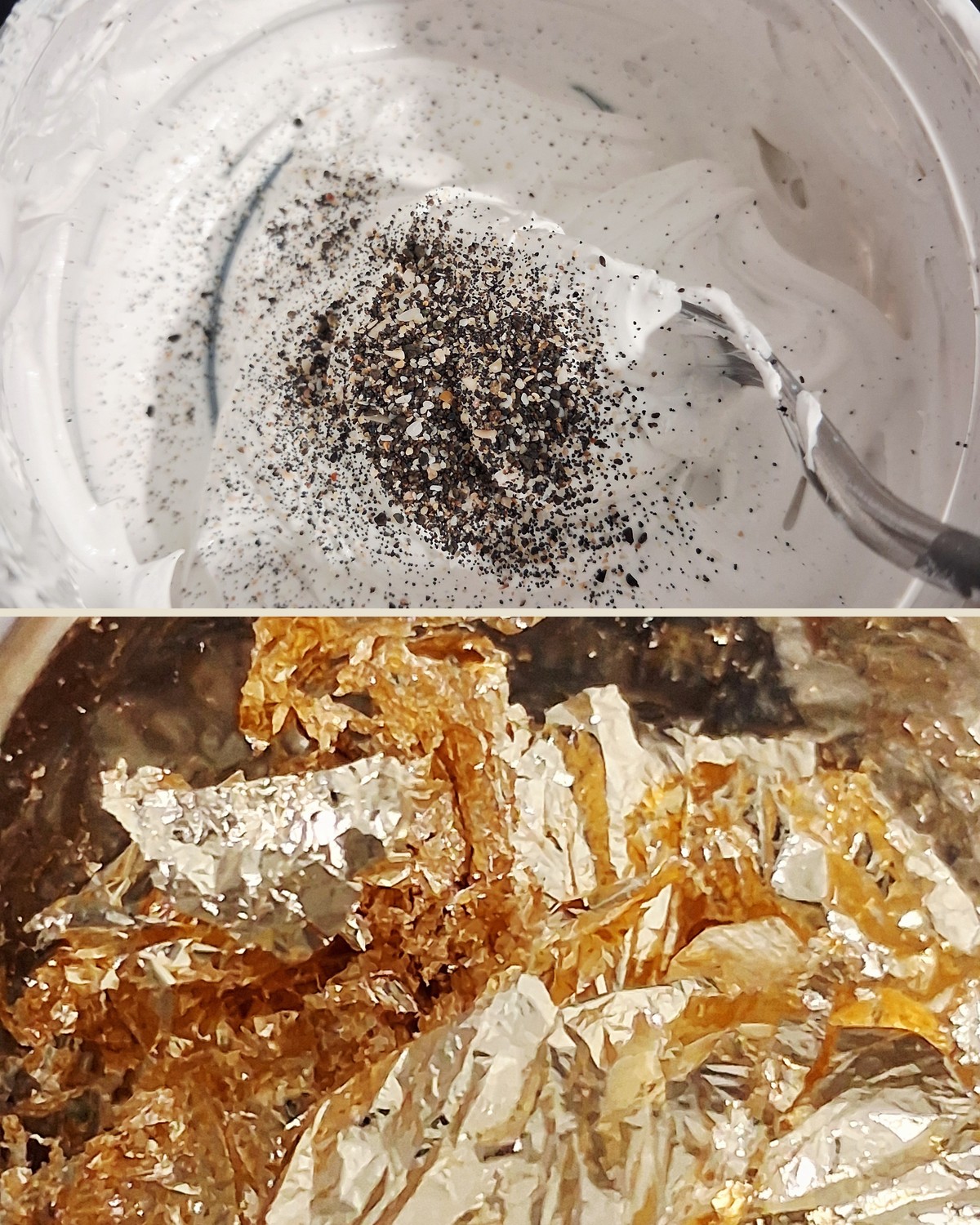 Volcanic sand mixed into texture paste, and loose gold leaf, materials used by Erica Baurecht