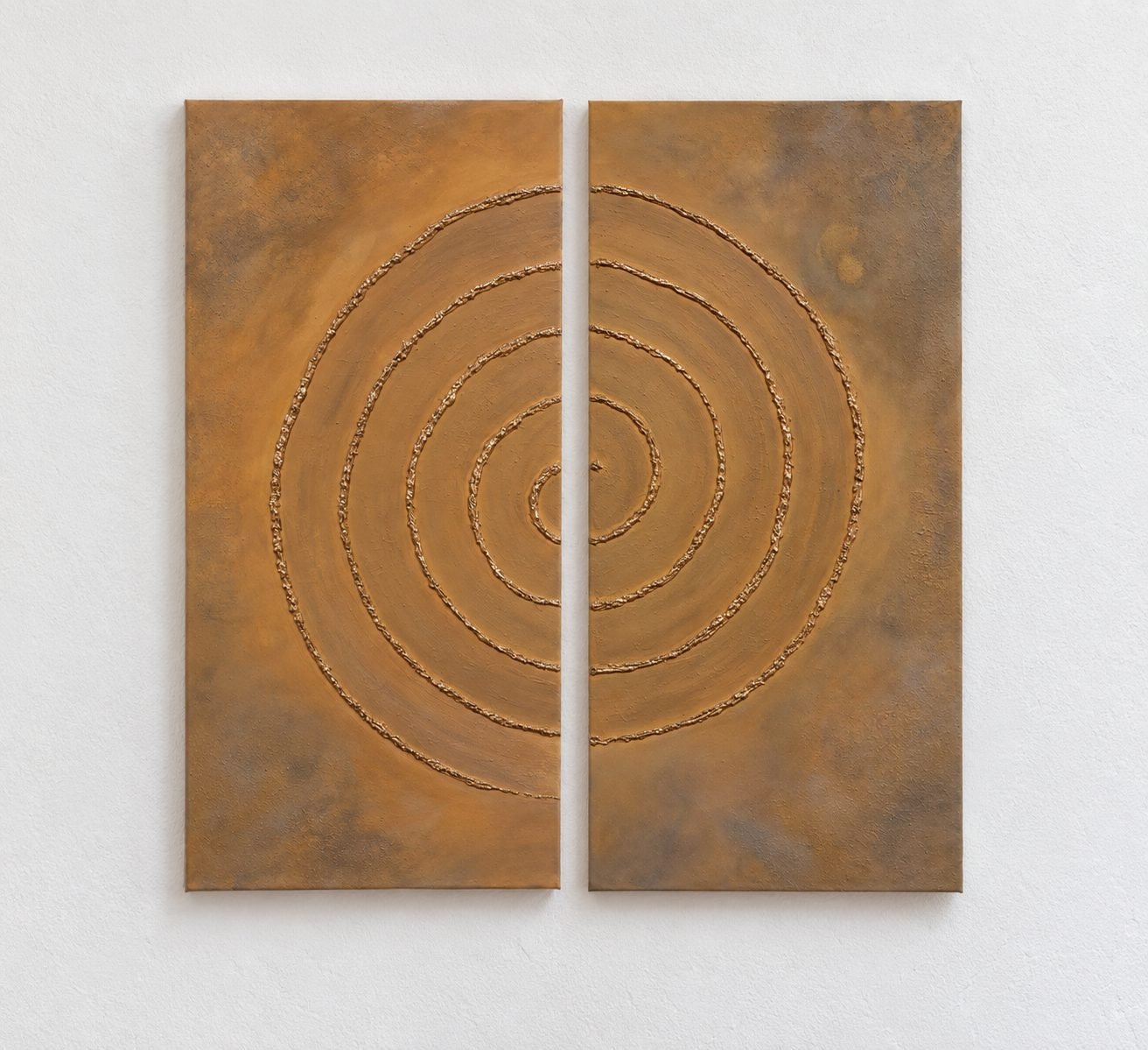 Within, textured spiral painting with volcanic sand and gold leaf by Erica Baurecht